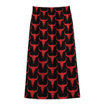 Red And Black Bull Skull Pattern Print Cotton Front Slit Maxi Skirt