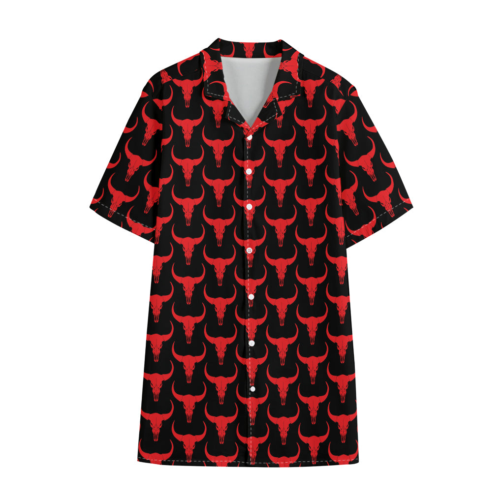 Red And Black Bull Skull Pattern Print Cotton Hawaiian Shirt