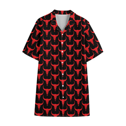 Red And Black Bull Skull Pattern Print Cotton Hawaiian Shirt