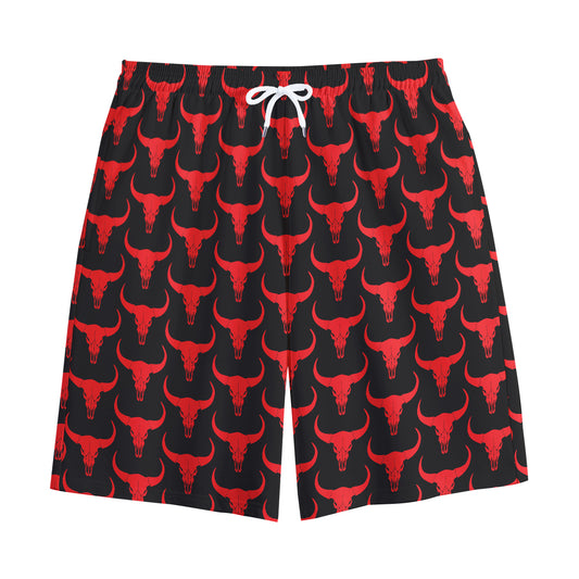Red And Black Bull Skull Pattern Print Cotton Shorts