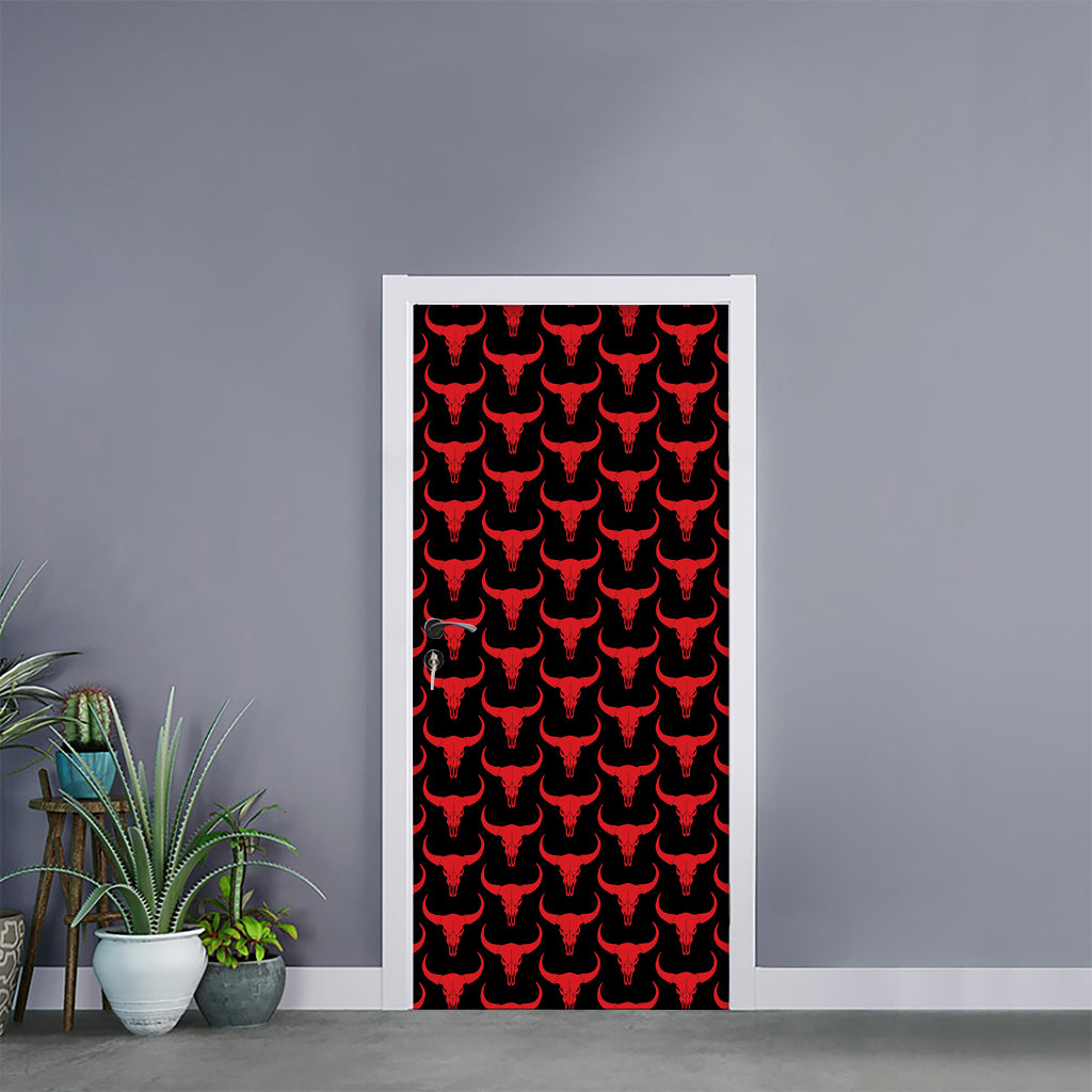 Red And Black Bull Skull Pattern Print Door Sticker