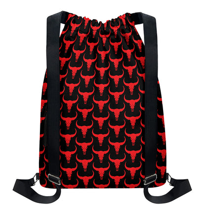 Red And Black Bull Skull Pattern Print Drawstring Backpack