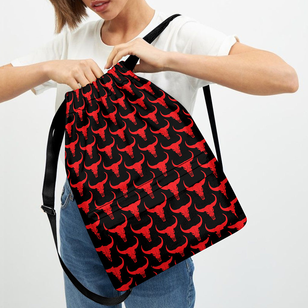Red And Black Bull Skull Pattern Print Drawstring Backpack