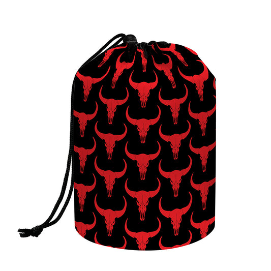 Red And Black Bull Skull Pattern Print Drawstring Makeup Bag