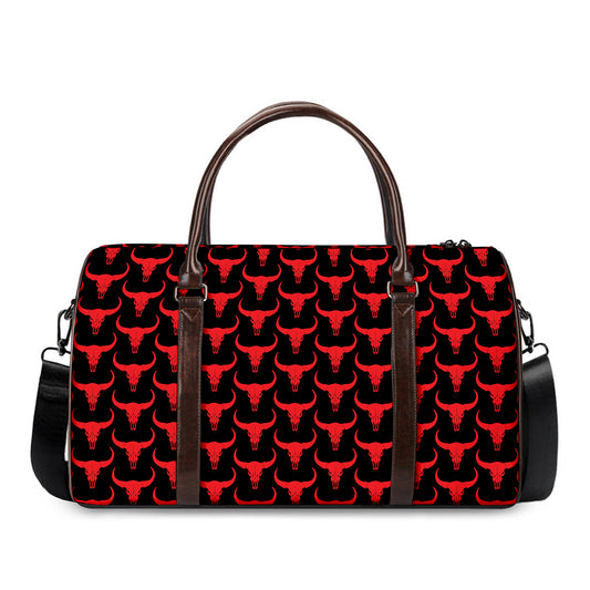 Red And Black Bull Skull Pattern Print Duffle Bag
