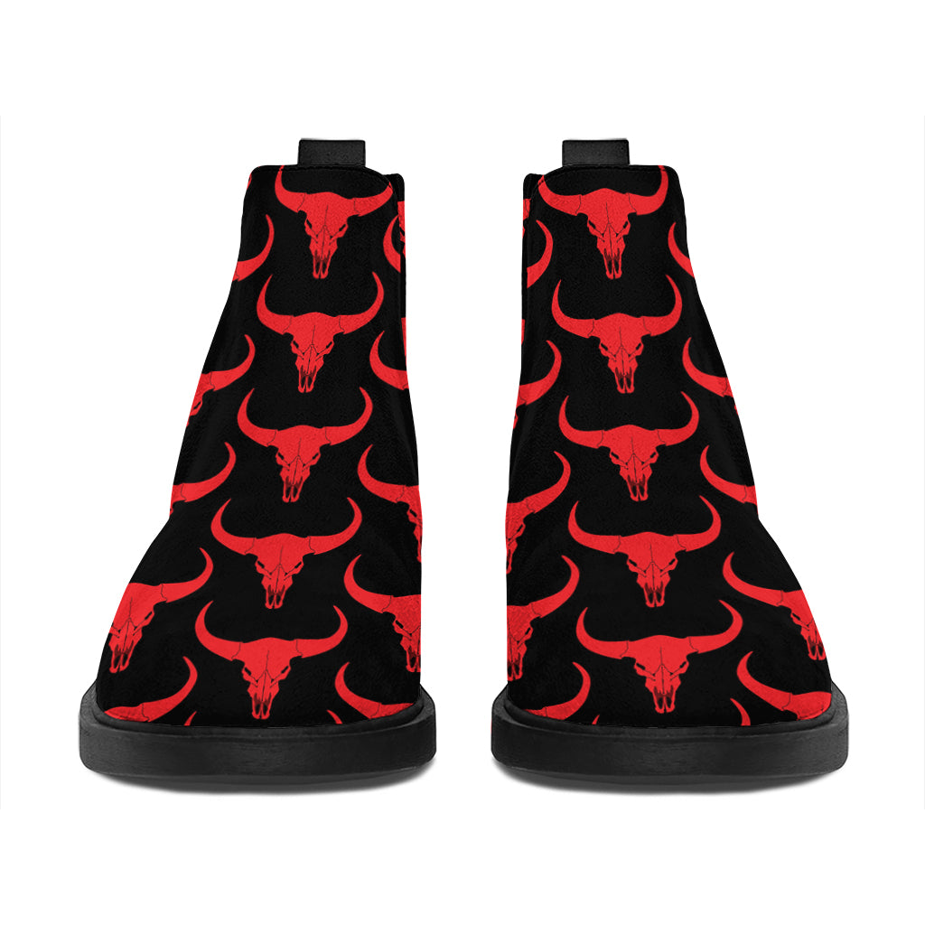 Red And Black Bull Skull Pattern Print Flat Ankle Boots