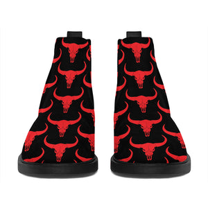 Red And Black Bull Skull Pattern Print Flat Ankle Boots