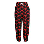 Red And Black Bull Skull Pattern Print Fleece Lined Knit Pants