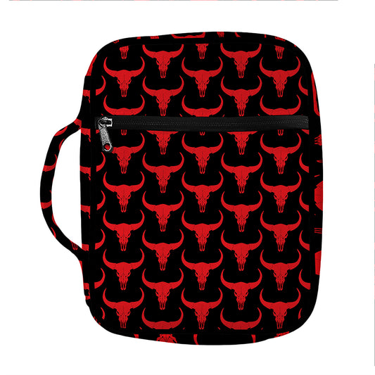 Red And Black Bull Skull Pattern Print Front Pocket Bible Bag