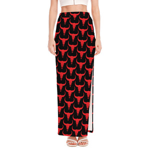 Red And Black Bull Skull Pattern Print High Slit Maxi Skirt