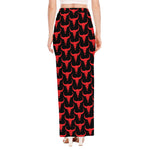 Red And Black Bull Skull Pattern Print High Slit Maxi Skirt