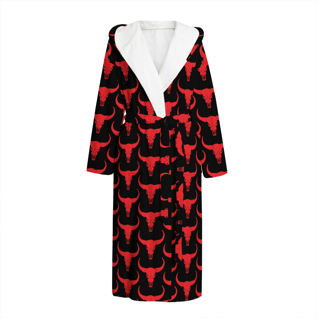 Red And Black Bull Skull Pattern Print Hooded Bathrobe