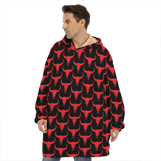 Red And Black Bull Skull Pattern Print Hoodie Blanket
