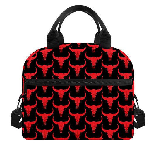 Red And Black Bull Skull Pattern Print Insulated Lunch Bag