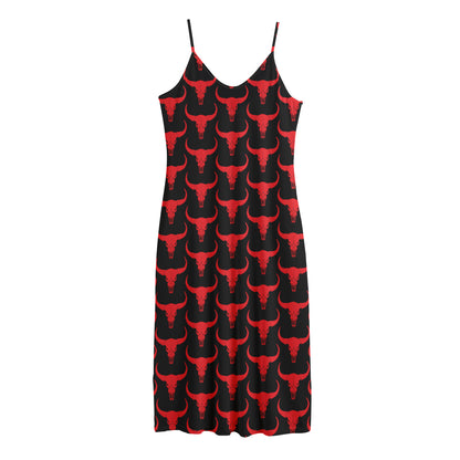 Red And Black Bull Skull Pattern Print Jersey Midi Cami Dress