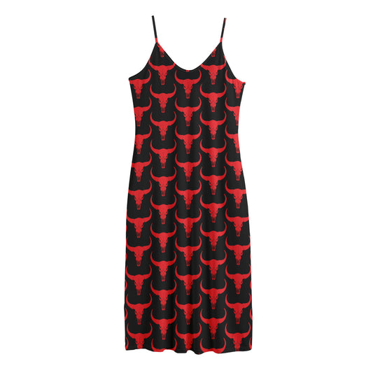 Red And Black Bull Skull Pattern Print Jersey Midi Cami Dress