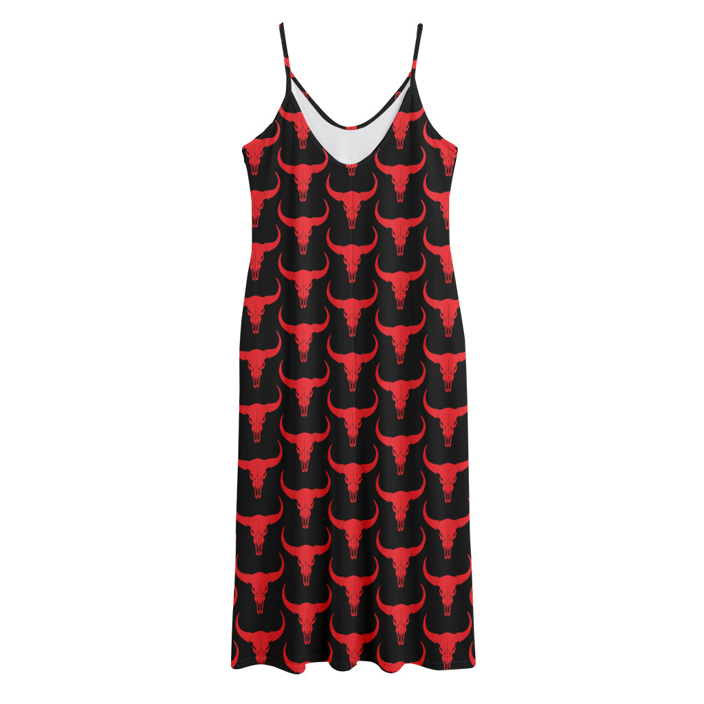 Red And Black Bull Skull Pattern Print Jersey Midi Cami Dress