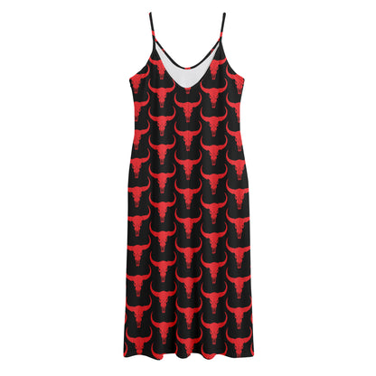 Red And Black Bull Skull Pattern Print Jersey Midi Cami Dress