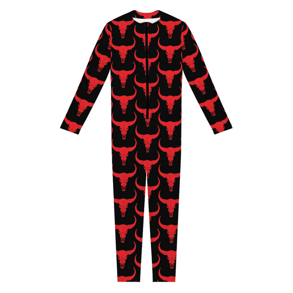 Red And Black Bull Skull Pattern Print Jumpsuit