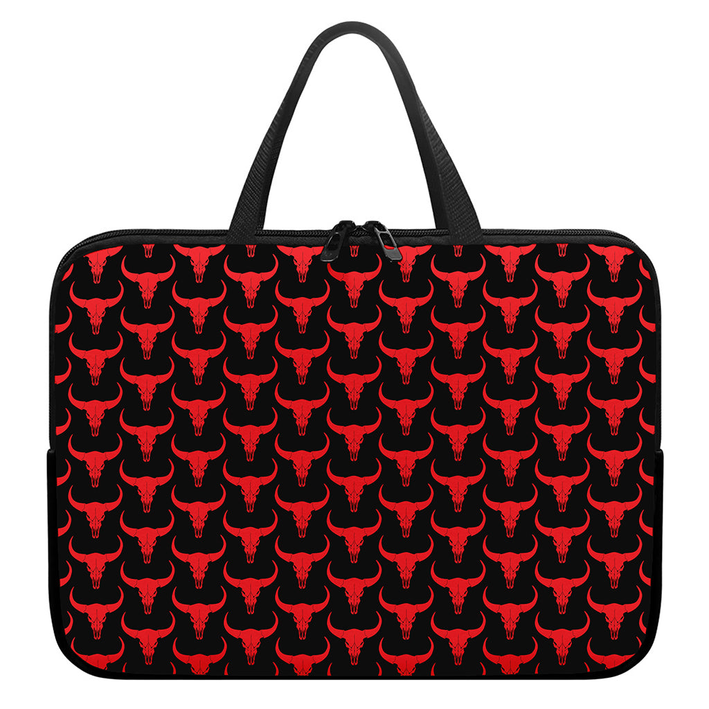Red And Black Bull Skull Pattern Print Laptop Sleeve With Handle