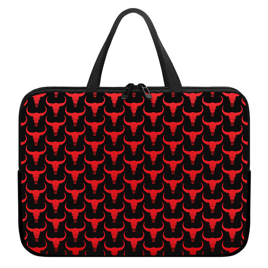 Red And Black Bull Skull Pattern Print Laptop Sleeve With Handle