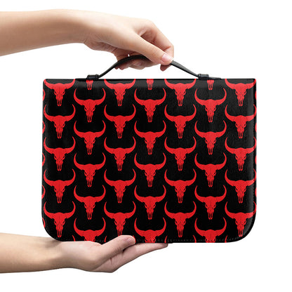 Red And Black Bull Skull Pattern Print Leather Bible Cover