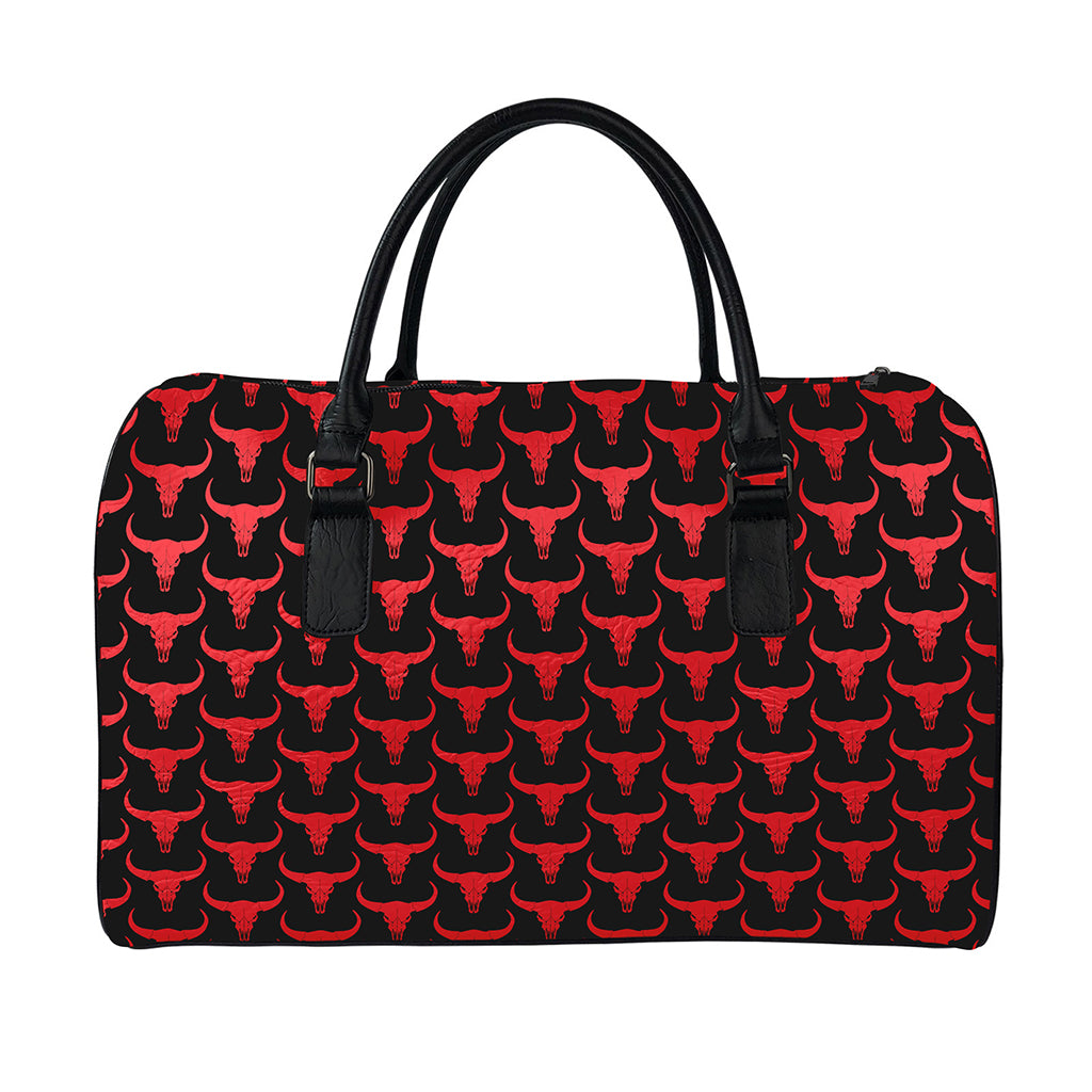 Red And Black Bull Skull Pattern Print Leather Duffle Bag
