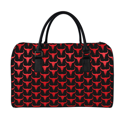 Red And Black Bull Skull Pattern Print Leather Duffle Bag