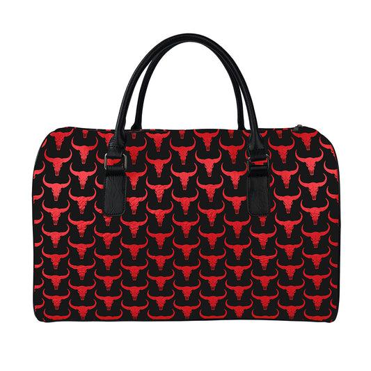 Red And Black Bull Skull Pattern Print Leather Duffle Bag