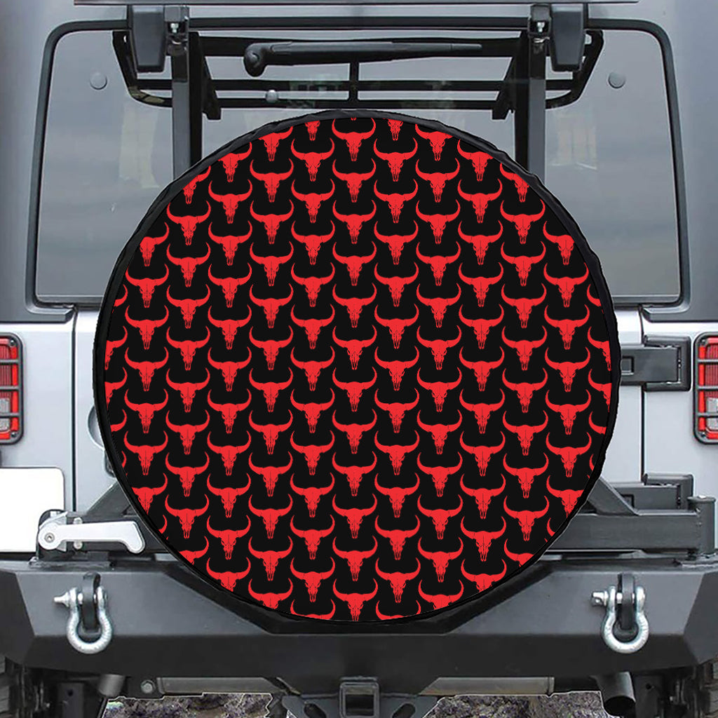Red And Black Bull Skull Pattern Print Leather Spare Tire Cover