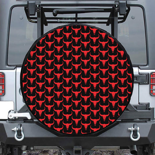 Red And Black Bull Skull Pattern Print Leather Spare Tire Cover