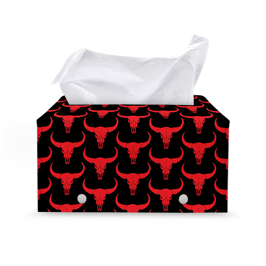 Red And Black Bull Skull Pattern Print Leather Tissue Box Cover
