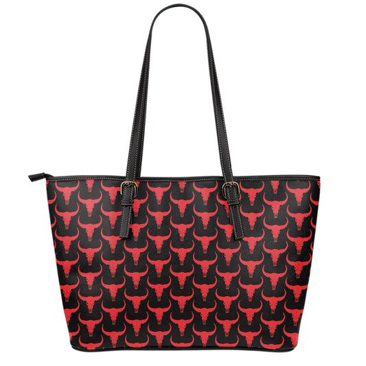 Red And Black Bull Skull Pattern Print Leather Tote Bag
