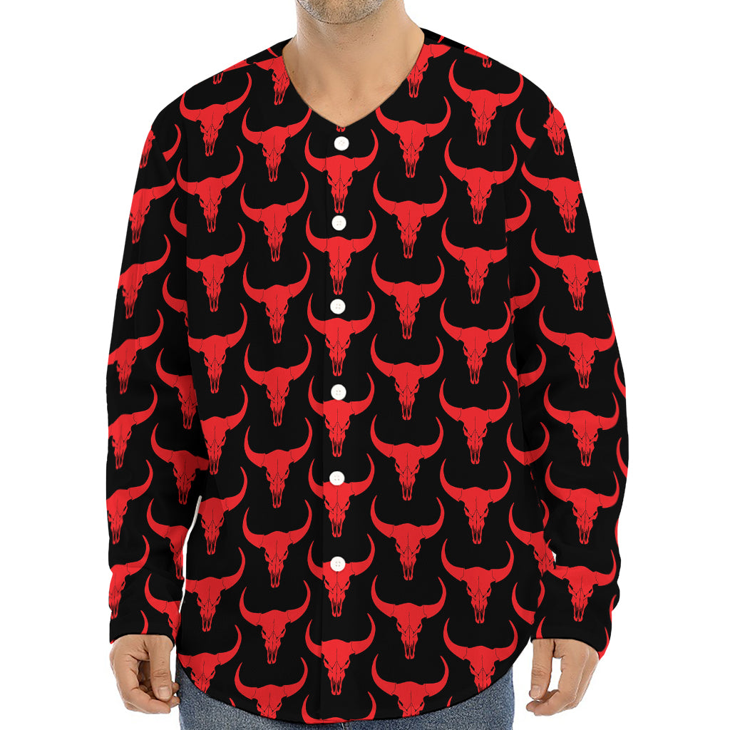 Red And Black Bull Skull Pattern Print Long Sleeve Baseball Jersey