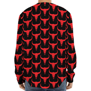 Red And Black Bull Skull Pattern Print Long Sleeve Baseball Jersey