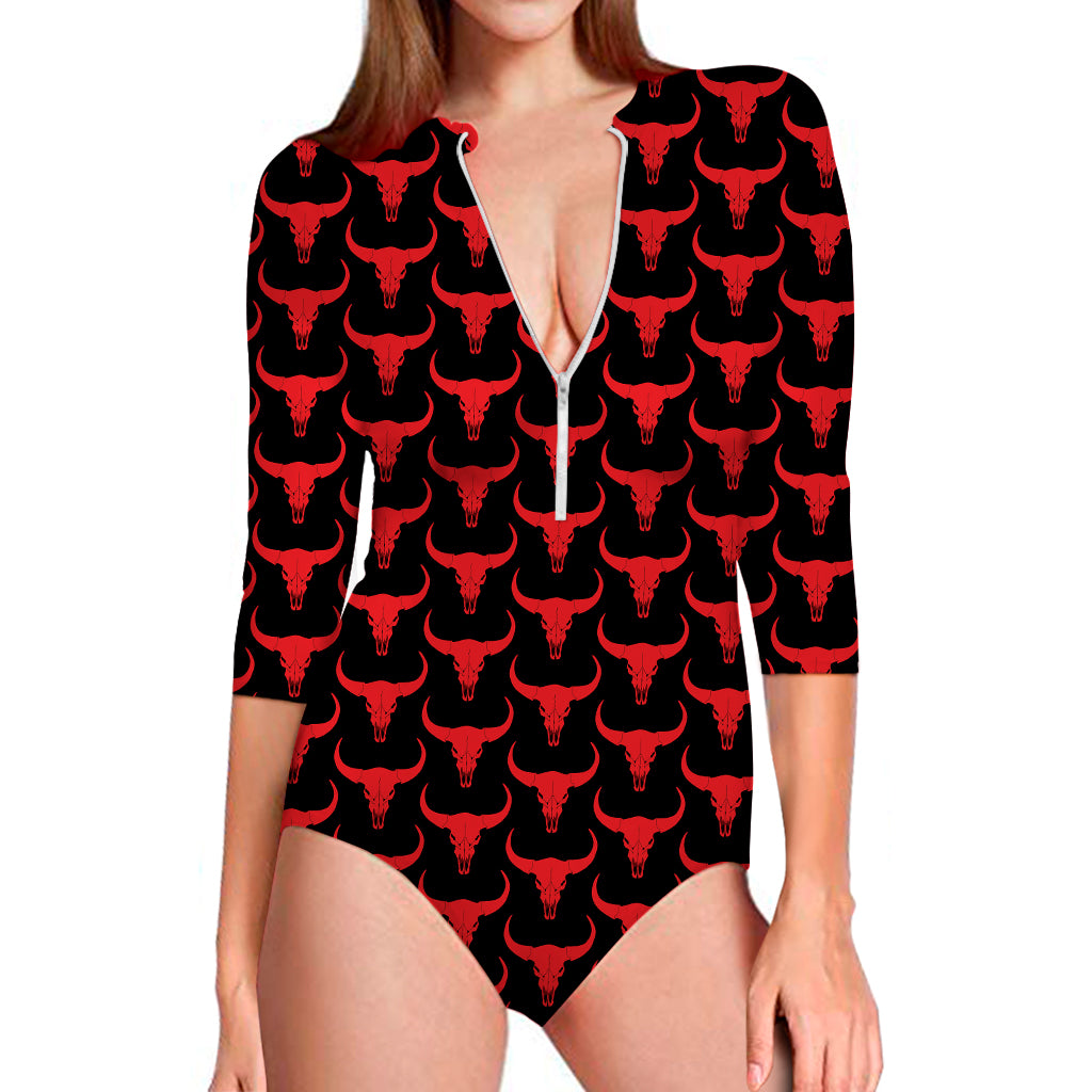 Red And Black Bull Skull Pattern Print Long Sleeve Swimsuit