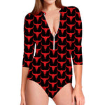 Red And Black Bull Skull Pattern Print Long Sleeve Swimsuit