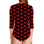 Red And Black Bull Skull Pattern Print Long Sleeve Swimsuit