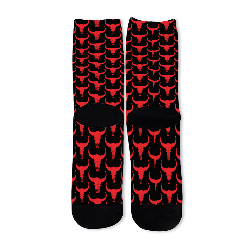 Red And Black Bull Skull Pattern Print Long Socks
