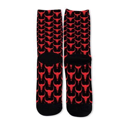 Red And Black Bull Skull Pattern Print Long Socks