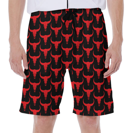 Red And Black Bull Skull Pattern Print Men's Beach Shorts