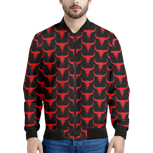 Red And Black Bull Skull Pattern Print Men's Bomber Jacket