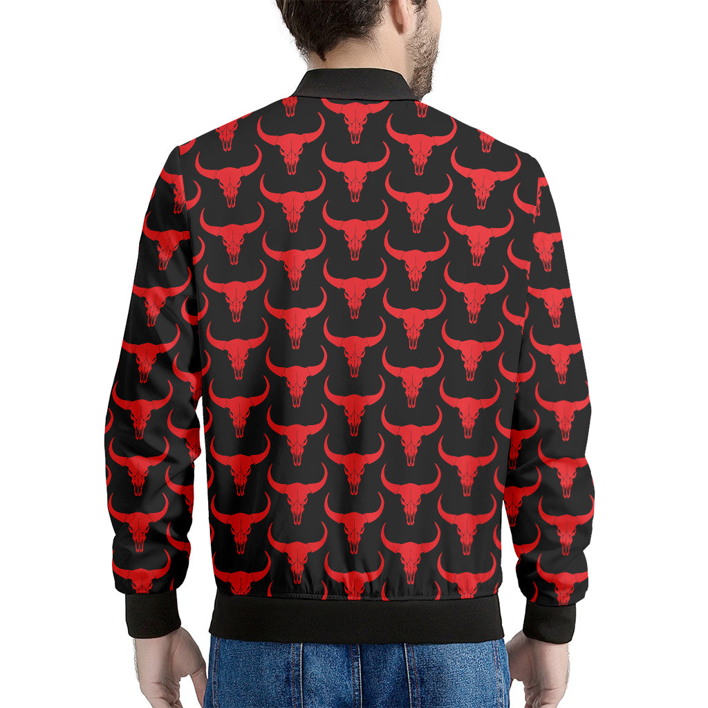 Red And Black Bull Skull Pattern Print Men's Bomber Jacket