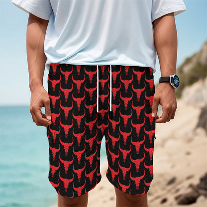 Red And Black Bull Skull Pattern Print Men's Cargo Shorts
