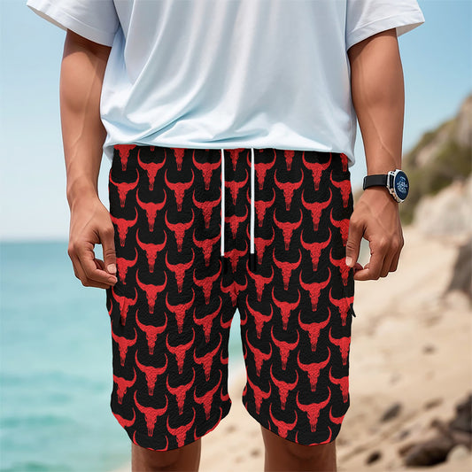 Red And Black Bull Skull Pattern Print Men's Cargo Shorts
