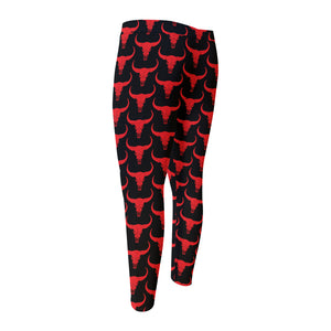 Red And Black Bull Skull Pattern Print Men's Compression Pants