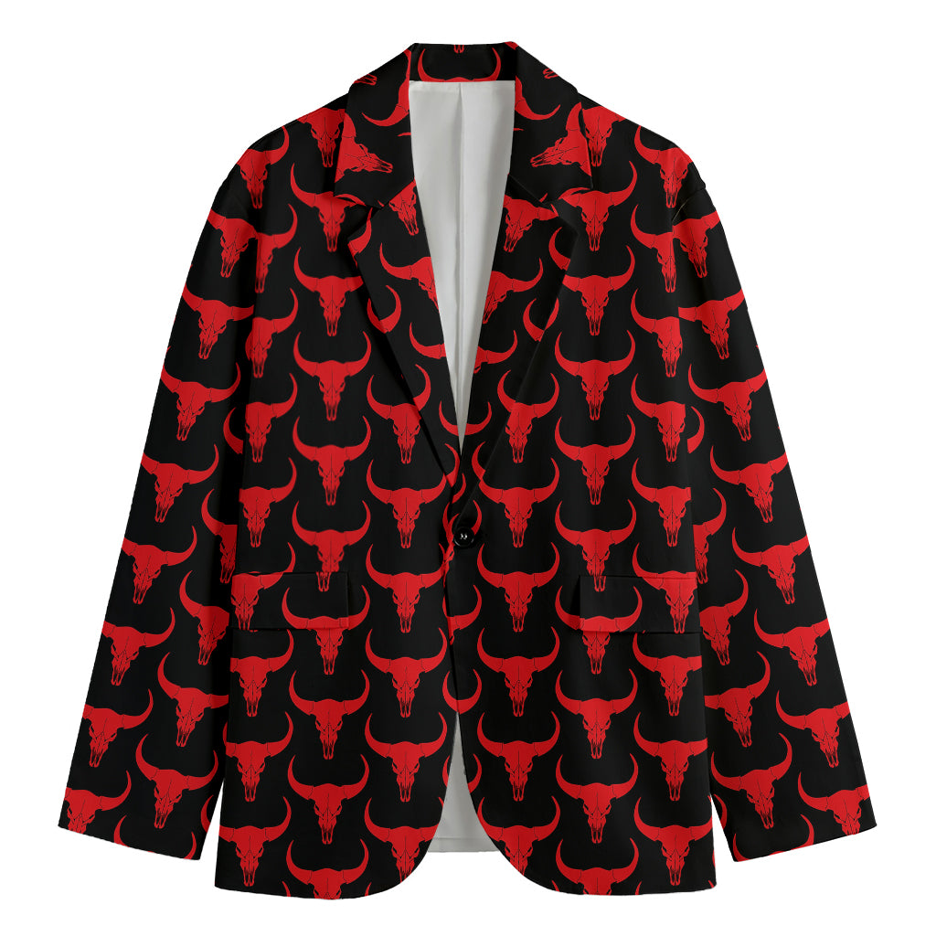 Red And Black Bull Skull Pattern Print Men's Cotton Blazer