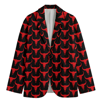 Red And Black Bull Skull Pattern Print Men's Cotton Blazer