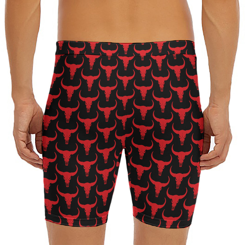 Red And Black Bull Skull Pattern Print Men's Long Boxer Briefs