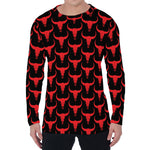 Red And Black Bull Skull Pattern Print Men's Long Sleeve T-Shirt
